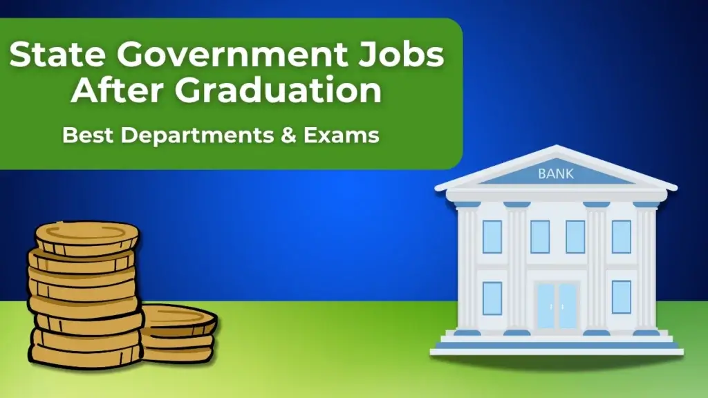 Government jobs after graduation: a stable career path, illustrated by a stack of coins and a government building.
