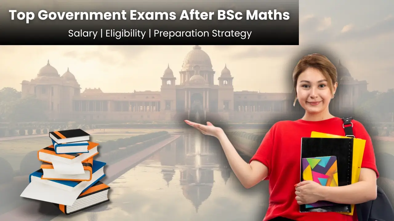 A young woman, books in hand, presents the path to top government exams after BSc Maths. Knowledge and opportunity.
