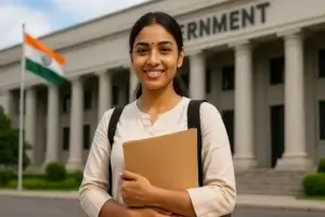 Smiling student, poised in front of a government building, ready for opportunities.